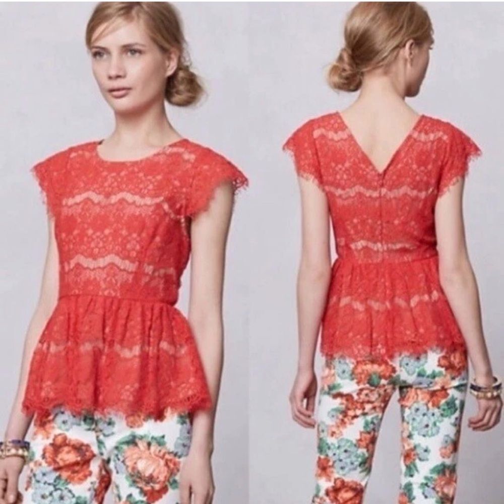 Anthropologie M maeve Katrine red lace peplum Top Cap Sleeve Career Cocktail